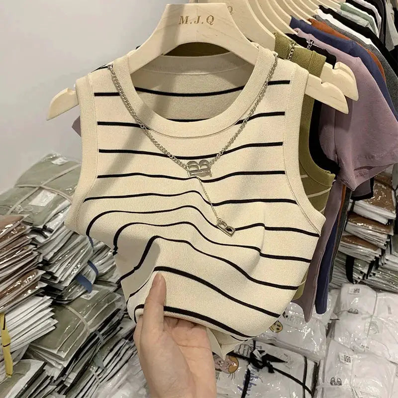AOSSVIAO 2026 Summer Knit Vest For Women Striped Slim Fit Sleeveless Waistcoat With Turtleneck Collar