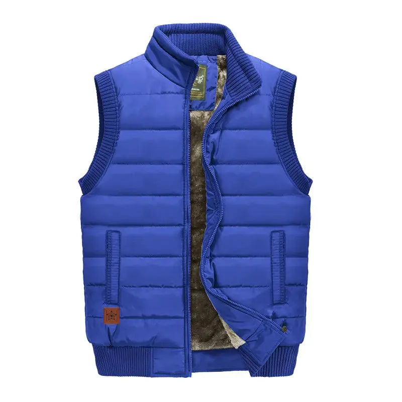 Simples Market blue men's padded fleece sleeveless vest with stand collar, zip front, 8XL.