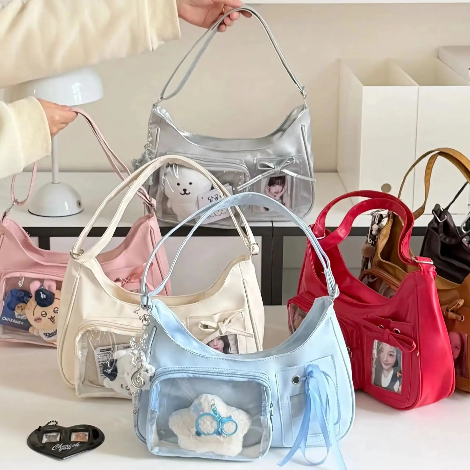 Simples Market Y2K Harajuku transparent ita bag set; silver, blue, pink and red shoulder bags with patches