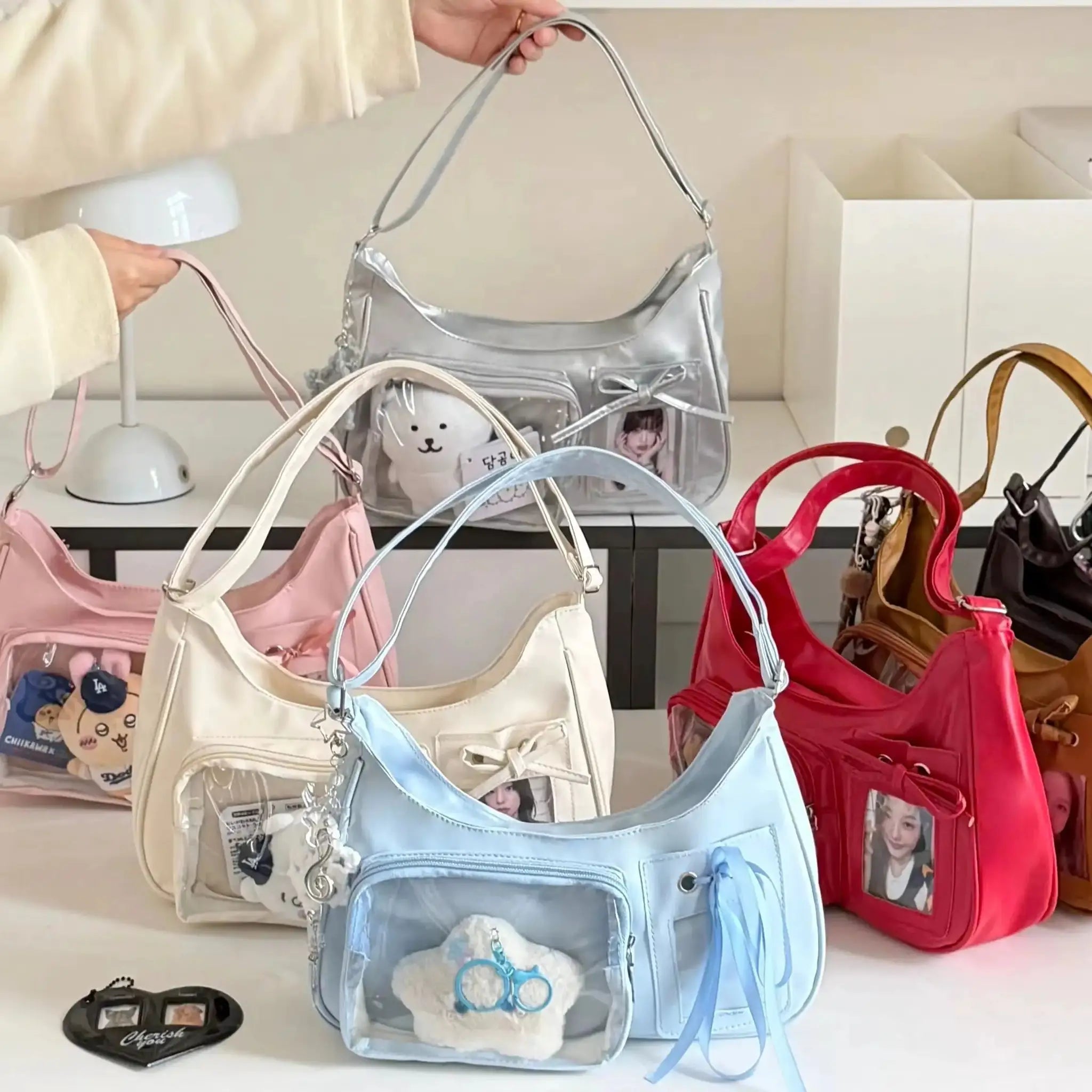 Simples Market Y2K Harajuku transparent ita bag set; silver, blue, pink and red shoulder bags with patches