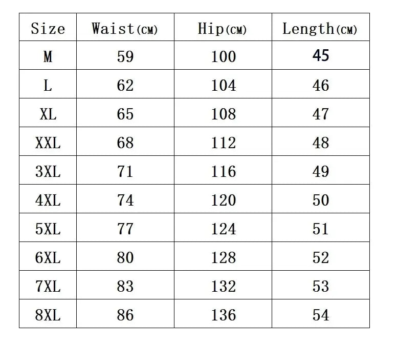 Simples Market men's sports shorts size chart showing waist, hip and length in cm from M to 8XL