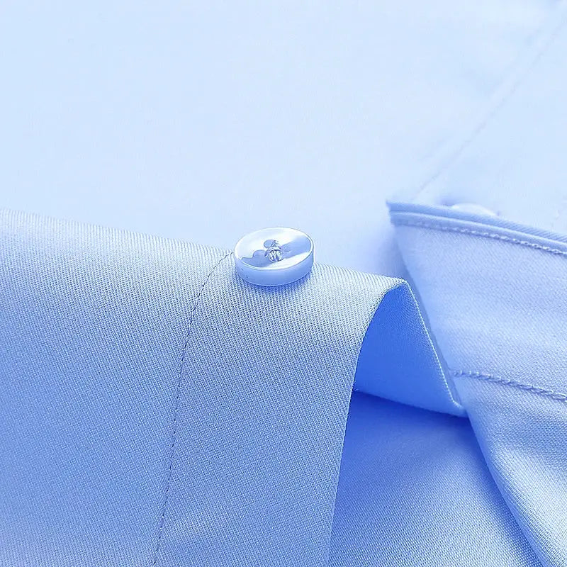 Men's long sleeve shirt by Simples Market; light blue bamboo-fiber fabric with buttoned cuff.