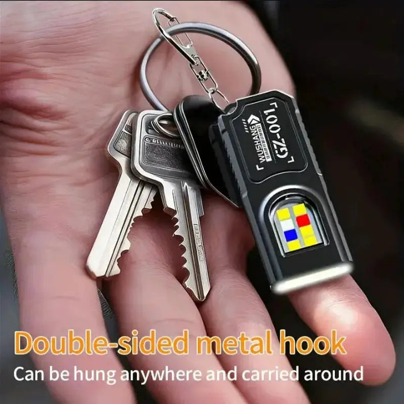 Mini COB LED keychain flashlight with USB-C rechargeable, black pocket hanging work light with metal hook