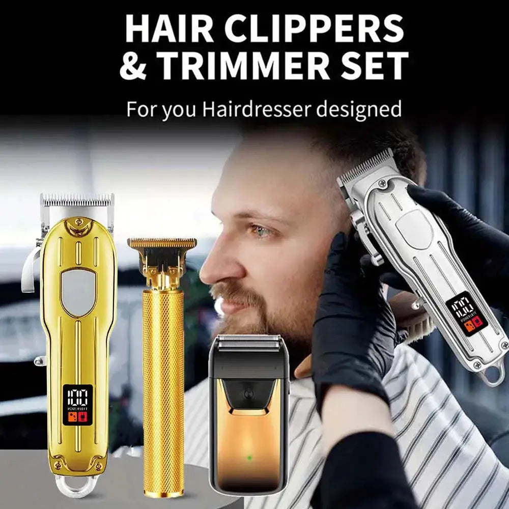 Professional hair clipper and trimmer set, 4-piece with gold and silver devices and digital displays