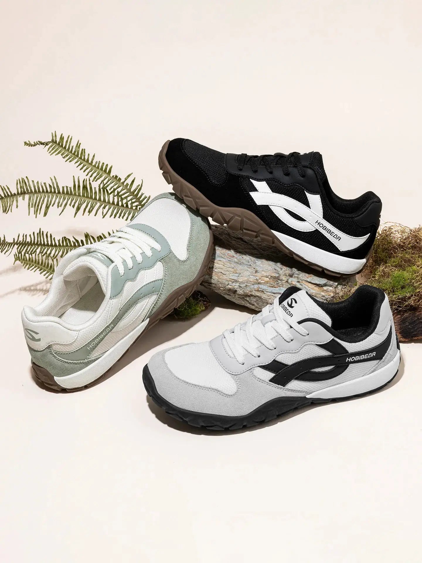 HOBIBEAR unisex wide-width minimalist barefoot sneakers; three colorways: black, white/gray, gray/black.