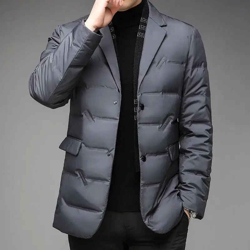 Men's gray quilted down jacket hip-length with front buttons and flap pockets