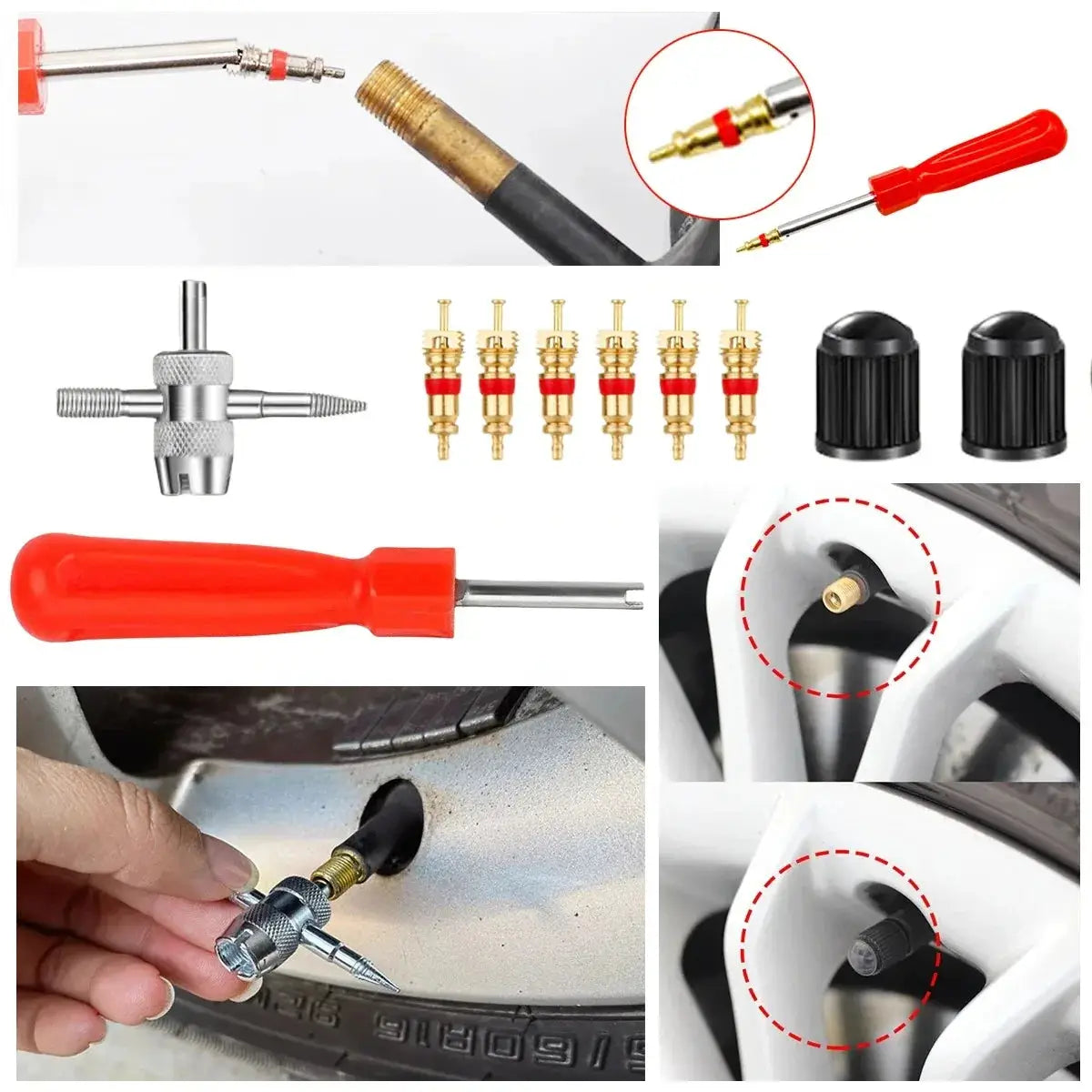 Simples Market universal tire valve core remover/installer kit with 8 valve cores and caps, red-handled tools