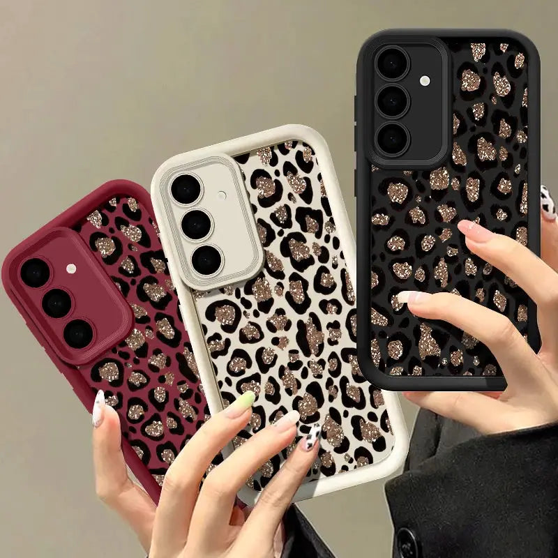 Phone cases in brown leopard print for Samsung Galaxy; three TPU covers shown