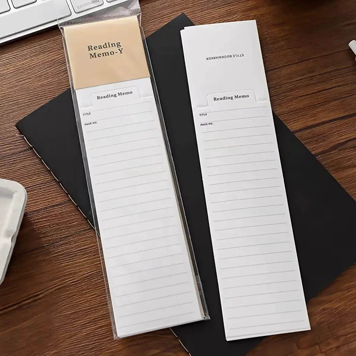 MINKYS bookmark-type memo pads, two long white sheets with lined pages and Reading Memo headers, beige top note
