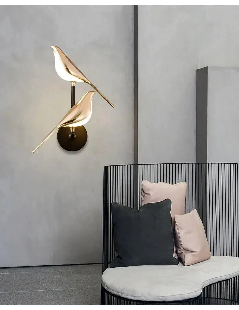 Simples Market Modern LED wall lamp with two gold magpie bird accents, warm light for living room or bedroom