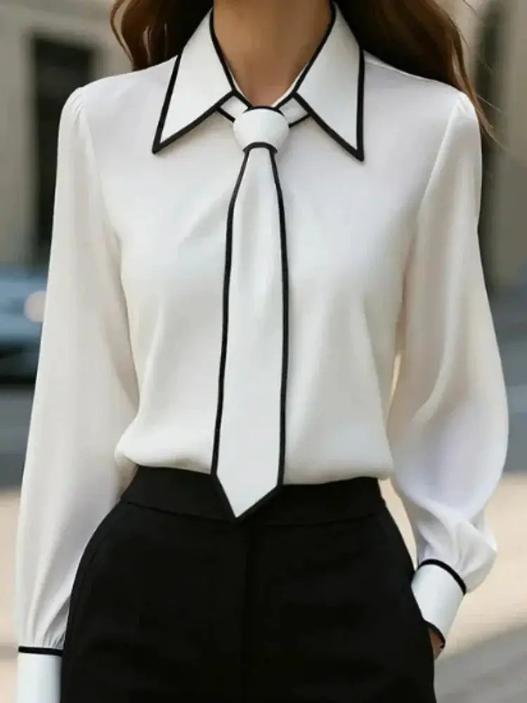 Tie-neck white blouse with black contrast piping and lapel collar, long sleeves, Simples Market