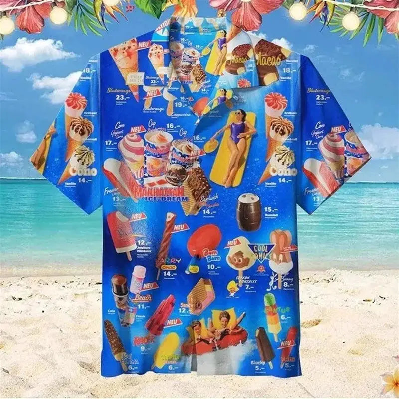Simples Market blue 3D ice-cream print Hawaiian shirt, unisex oversized short sleeve beachwear