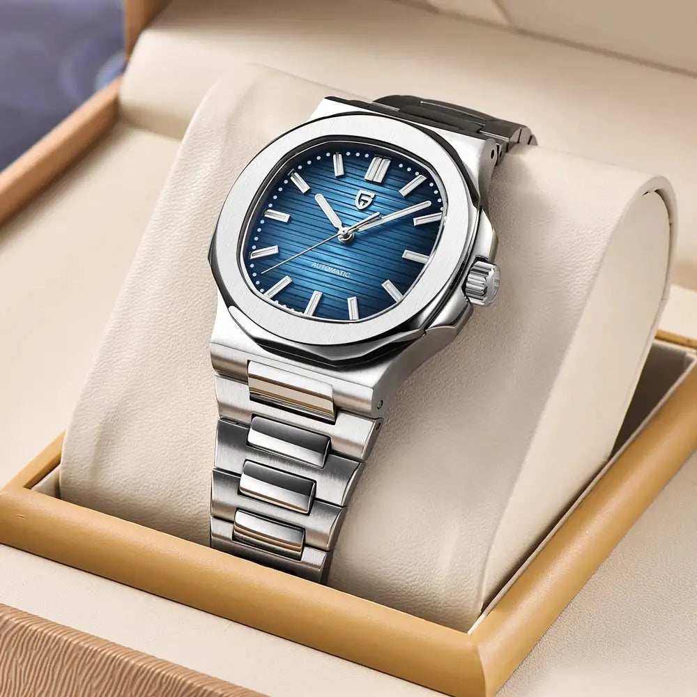 PAGANI DESIGN men's luxury automatic watch with blue dial and stainless steel bracelet