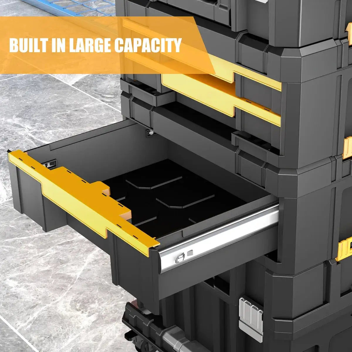 AIRAJ Stackable Modular Toolbox Set with wheels; black/gray body with yellow drawers by Simples Market