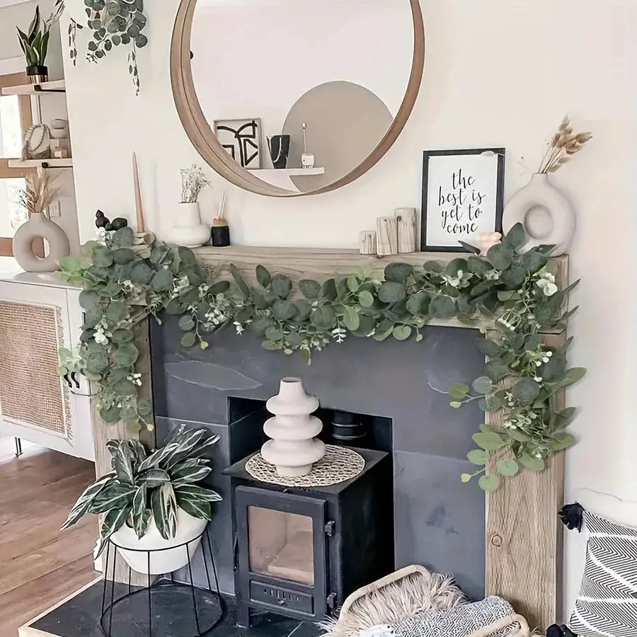Lush 70.8 Inch Faux Eucalyptus Garland With White Flowers For Home And Holiday Decor Wall Hanging Yard And Party Accents