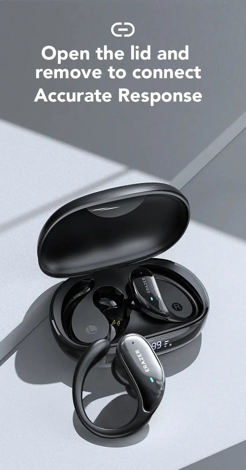 ERAZER XT80pro TWS AI Bluetooth earphones in black charging case with earhooks
