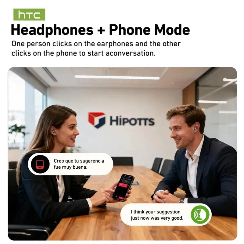 HTC NE79 wireless earphones with mic for real-time translation, Bluetooth HiFi audio, LED display; two units shown.