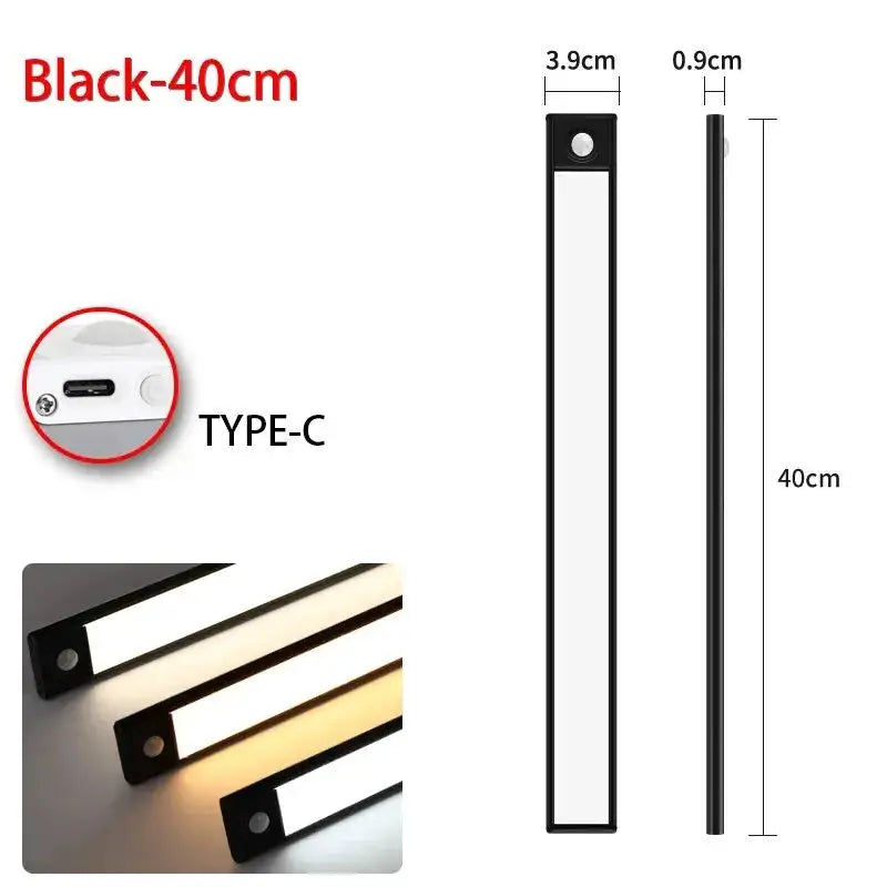 LED motion sensor under-cabinet light, black, 40cm, USB Type-C port; three color variants shown Simples Market