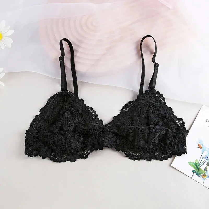 Black lace bralette for women with adjustable straps and triangle cups