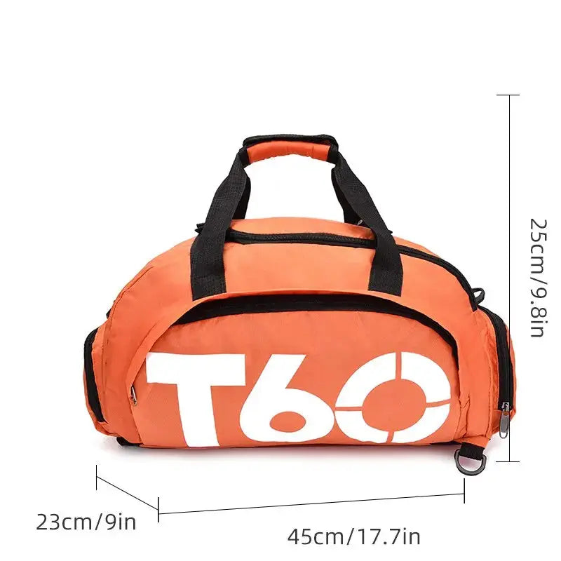 Gym bag orange with black handles and large white T60 logo, 45x23x25 cm