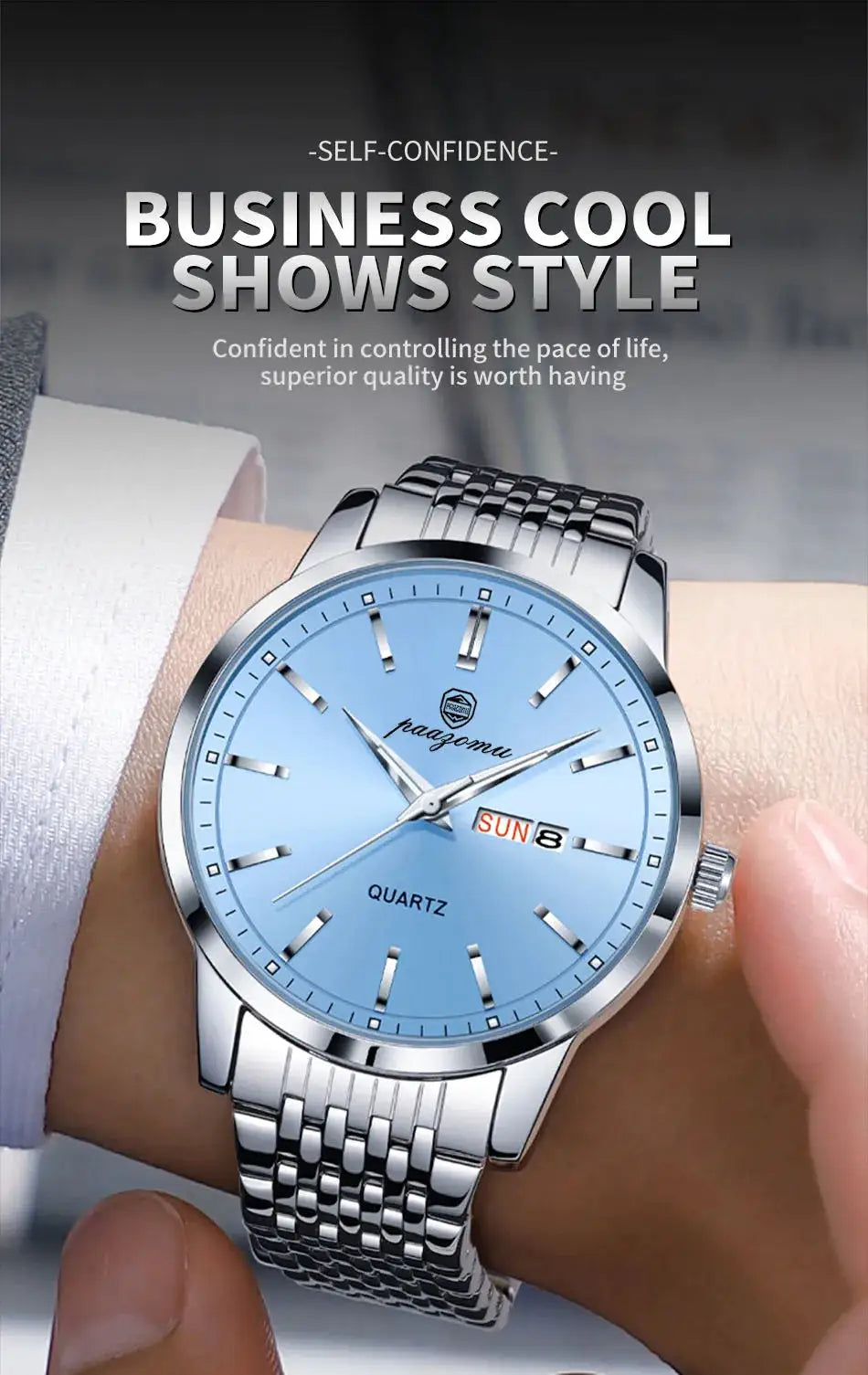 PAAZOMU men's luxury stainless steel quartz watch with blue dial and day/date window