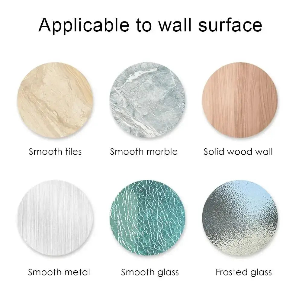 Simples Market rotating plastic folding vacuum suction round bath mirror; 6 wall-surface textures shown