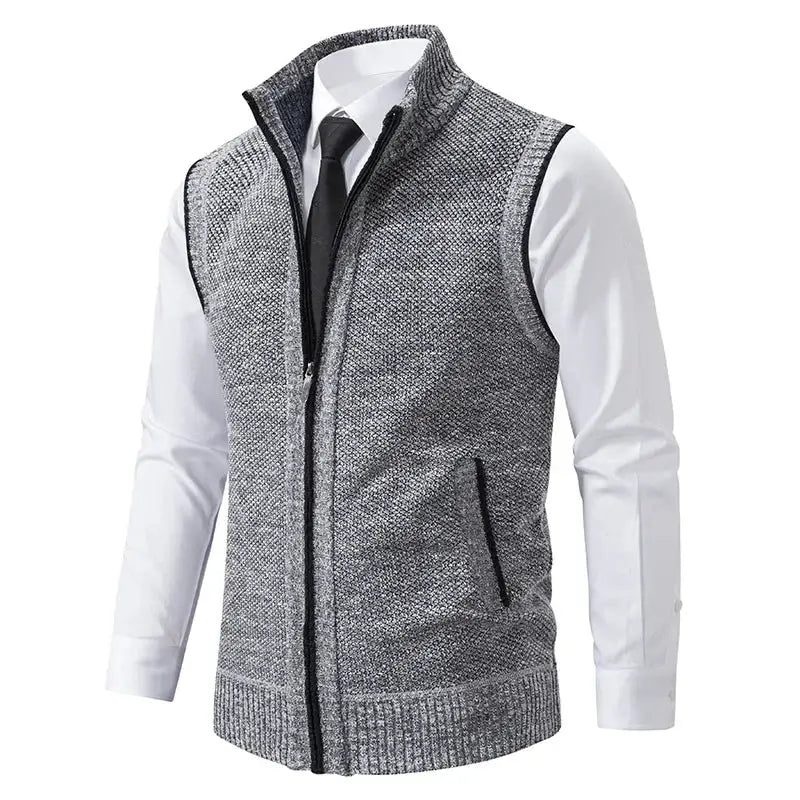 Men's knitted sleeveless zip cardigan vest in gray with stand collar and zip pockets; Simples Market