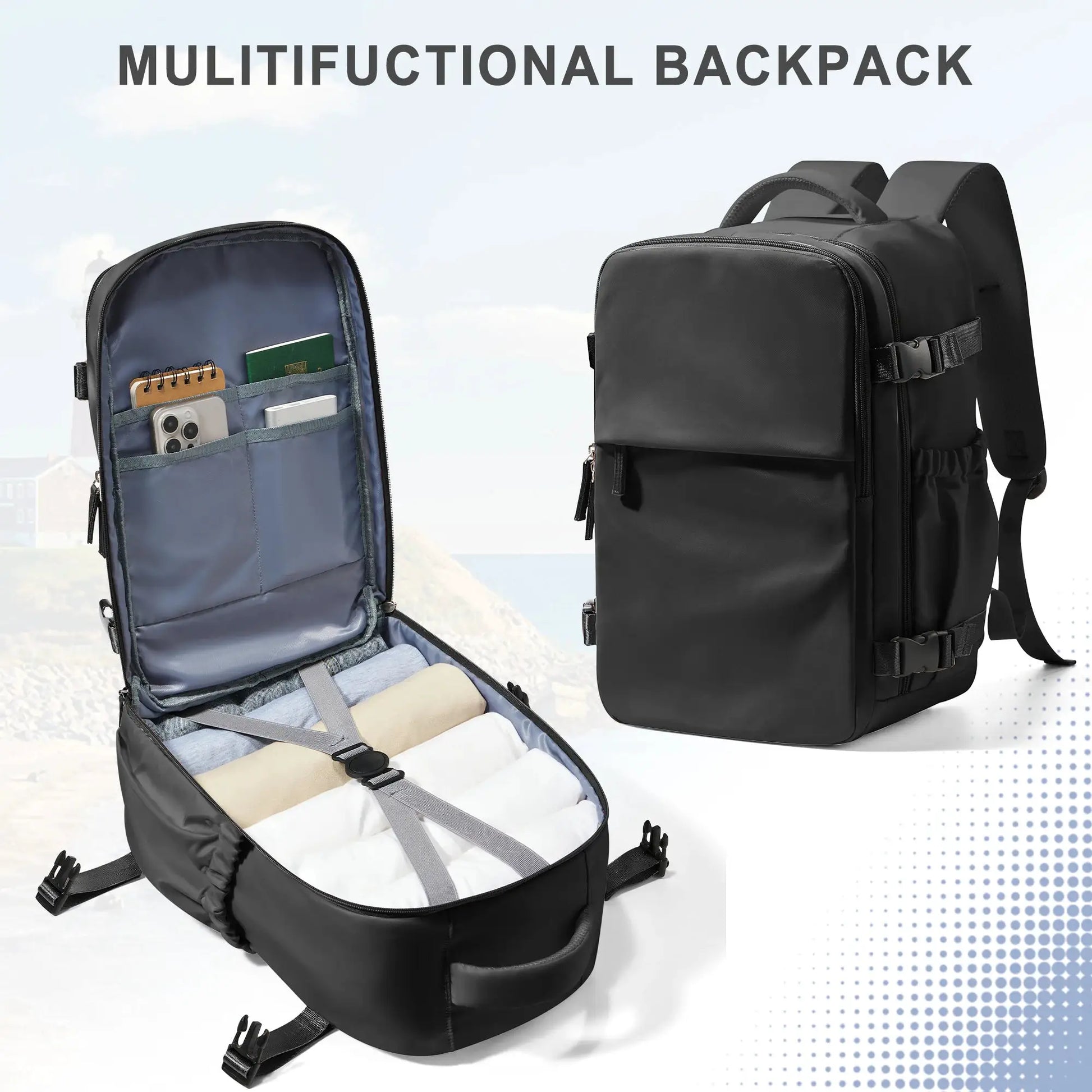 Simples Market cabin travel backpack set: two bags, black carry-on and blue-lined interior organizer backpack.