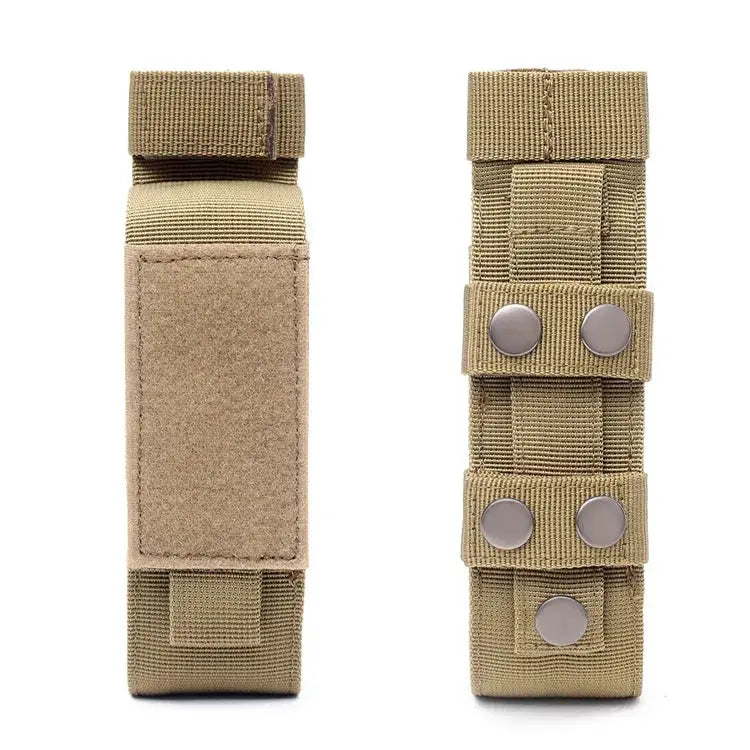 Outdoor tourniquet bag in tan, tactical pouch with Velcro panel and snap-secured pockets