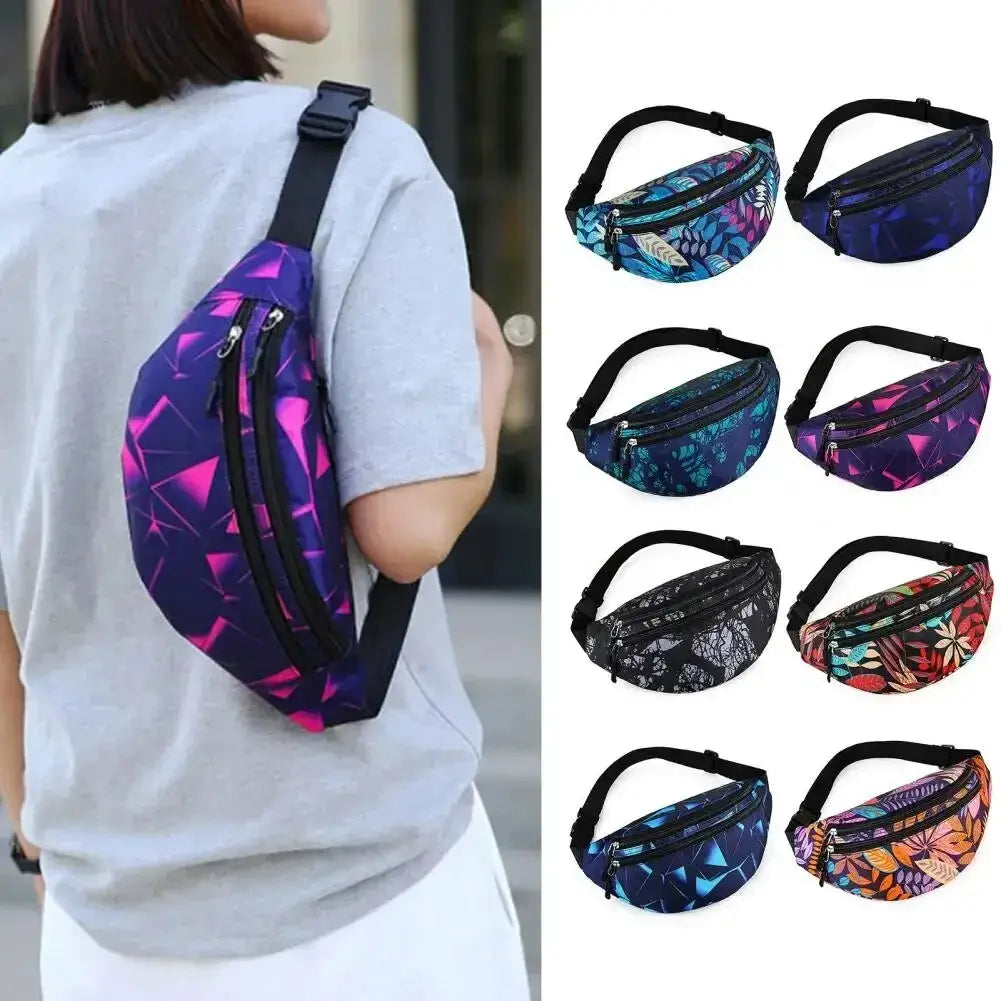 Sports waist pack with purple geometric pattern; waterproof unisex running belt bag, shown in multiple color options
