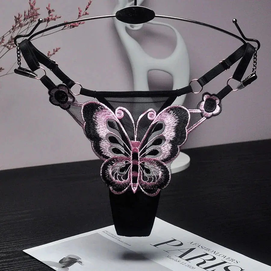 Simples Market butterfly lace thong for women, black low-waist G-string with pink embroidered butterfly on mesh, adjustable waist straps