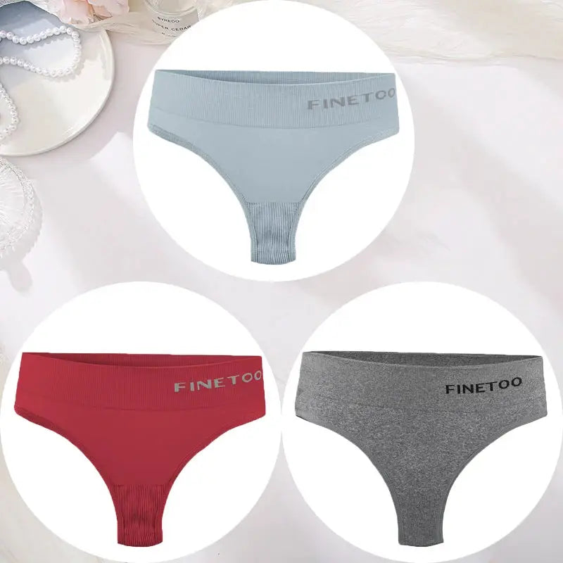 Three-piece FINETOO seamless high-waist thong panties for women in blue, red, and gray, sizes M-2XL.
