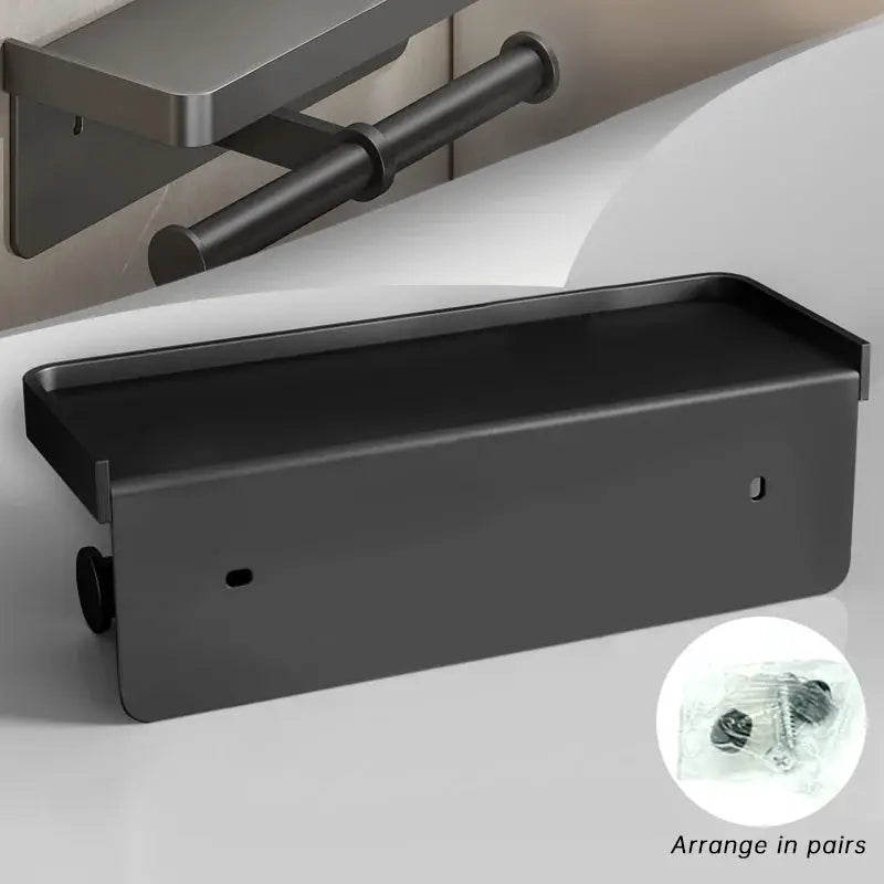 Aluminum alloy wall-mounted toilet paper holder with shelf and phone stand by Simples Market in dark gray