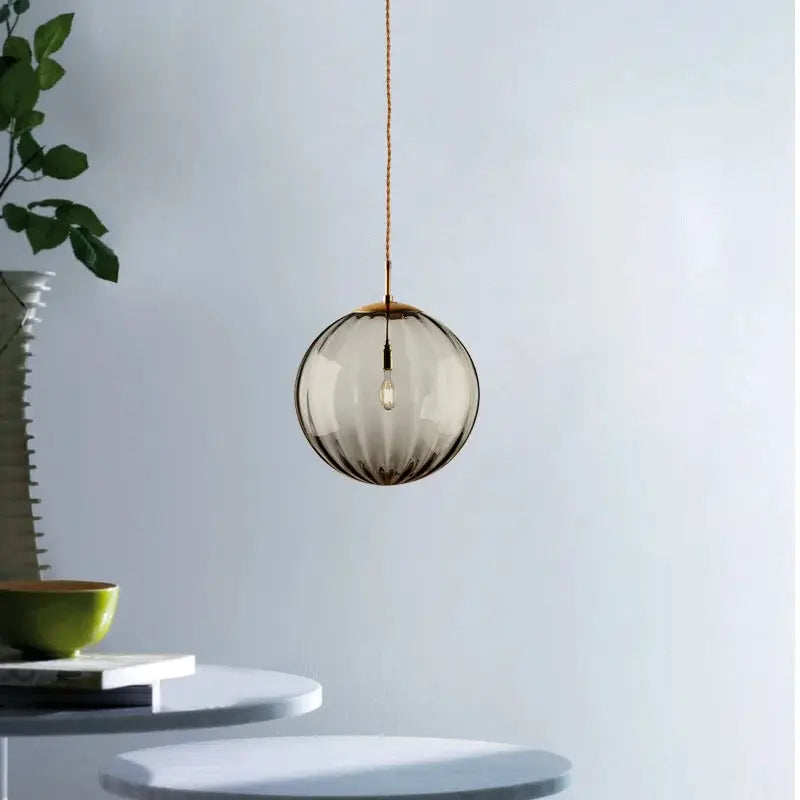 Modern glass ball LED pendant light with copper cord and smoked glass sphere