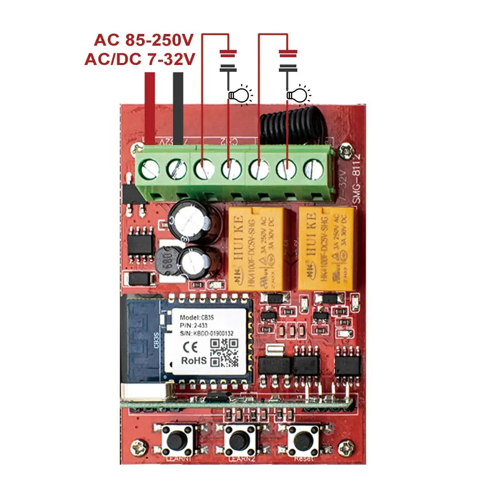 Simples Market smart wifi door switch garage receiver, 2-channel remote controller board with red PCB and yellow relays