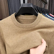Men's beige round-neck knitted sweater on hanger; long sleeves, casual versatile top