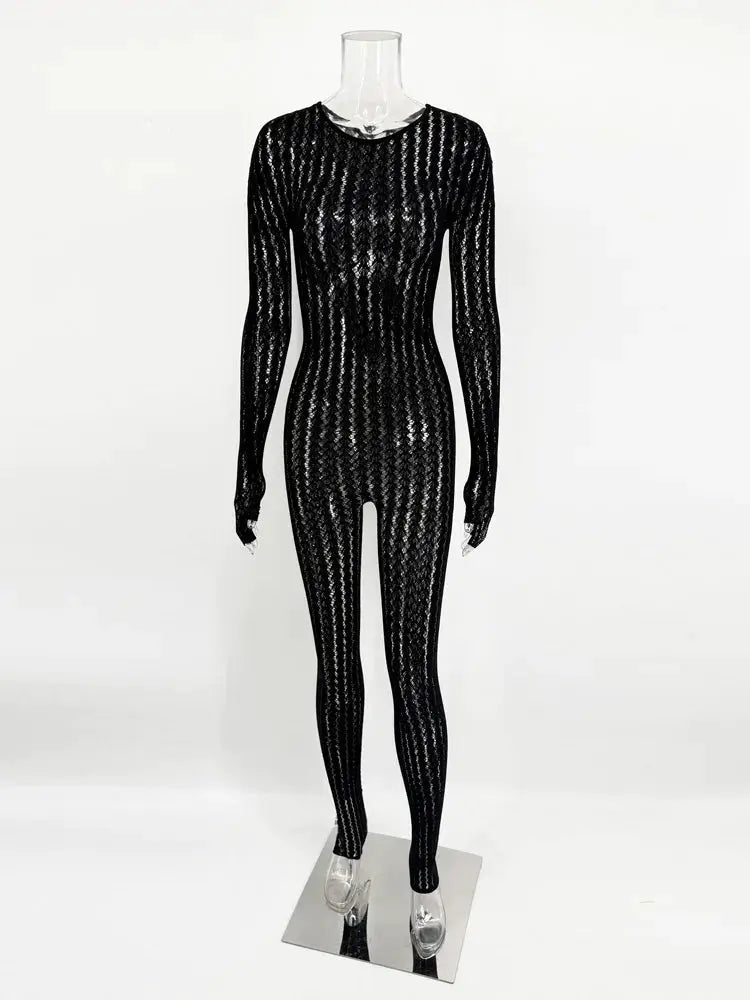 Jumpsuit black see-through mesh with long sleeves and full length on mannequin