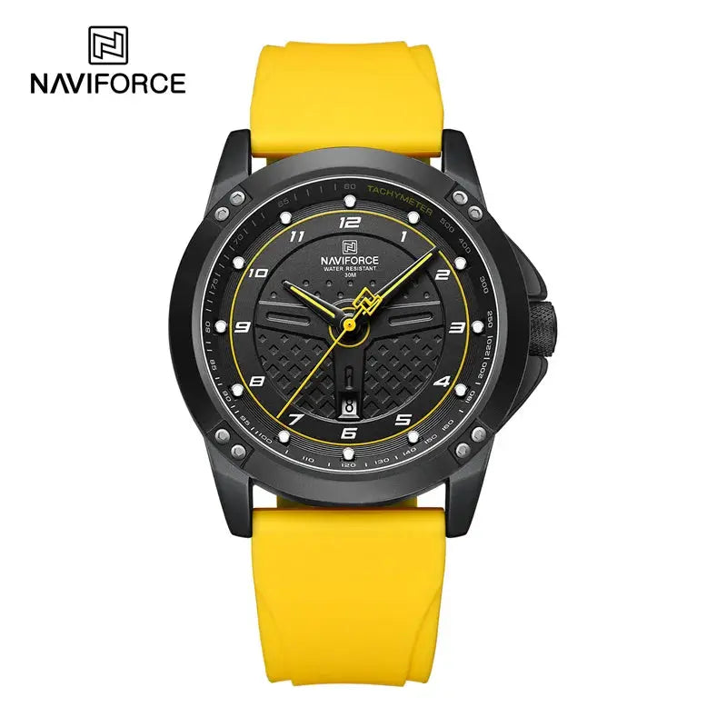 NAVIFORCE casual quartz wristwatch for men with yellow silicone strap, black dial and luminous yellow accents
