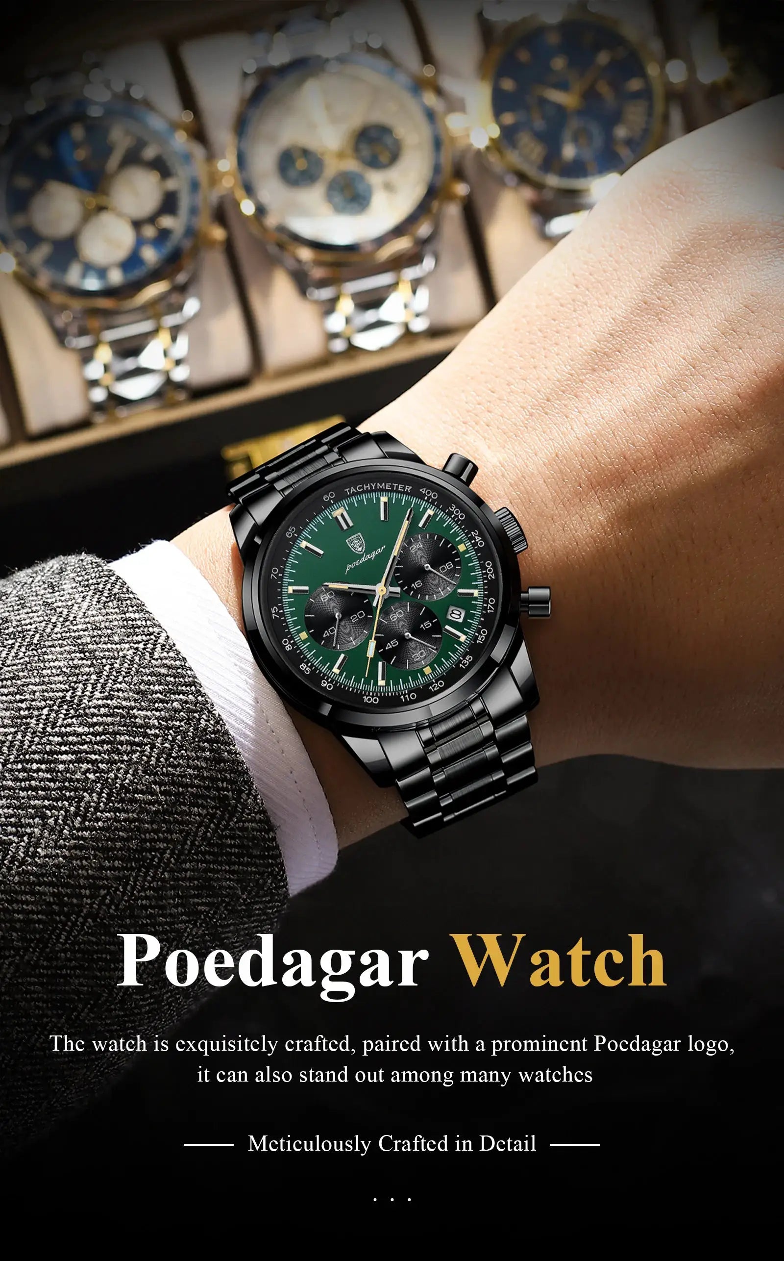 POEDAGAR men's luxury chronograph watch with green dial and black stainless steel band