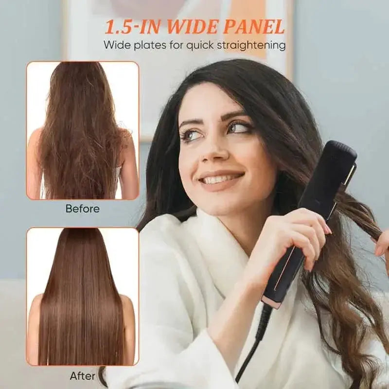 Tinsol 2-in-1 hair straightener curling iron by Simples Market, black with rose-gold accents, 1.5-inch ceramic plates.