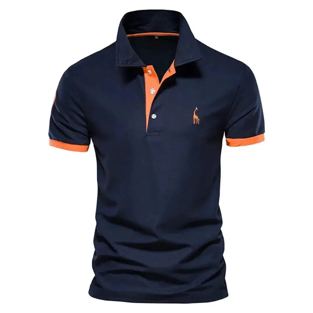 Men's navy polo shirt with orange placket and sleeve cuffs, featuring orange giraffe embroidery