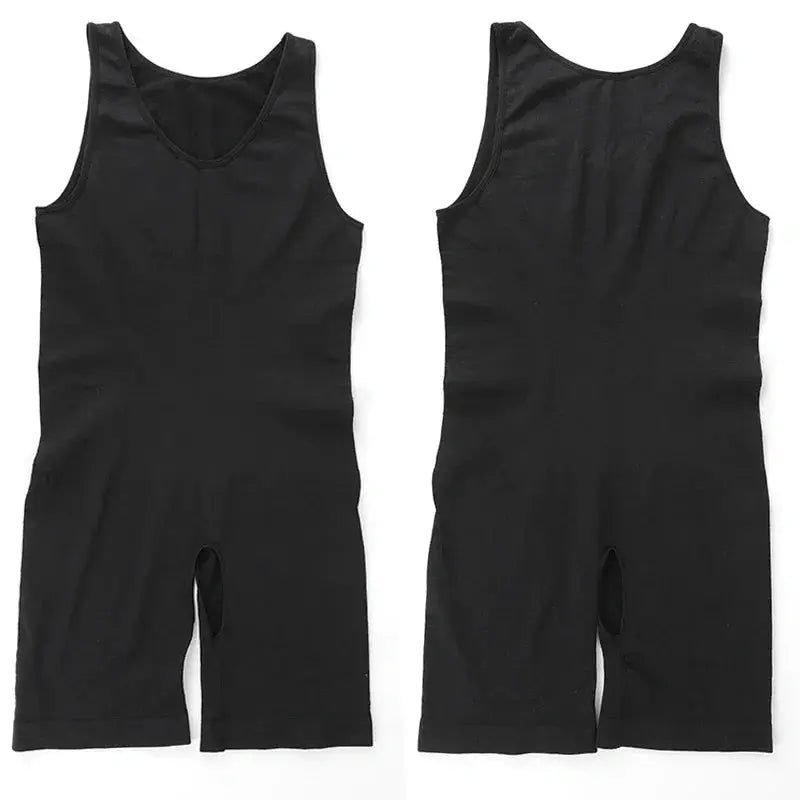 Two black men's sleeveless full-body shaper bodysuits for compression wear, front and back views on white