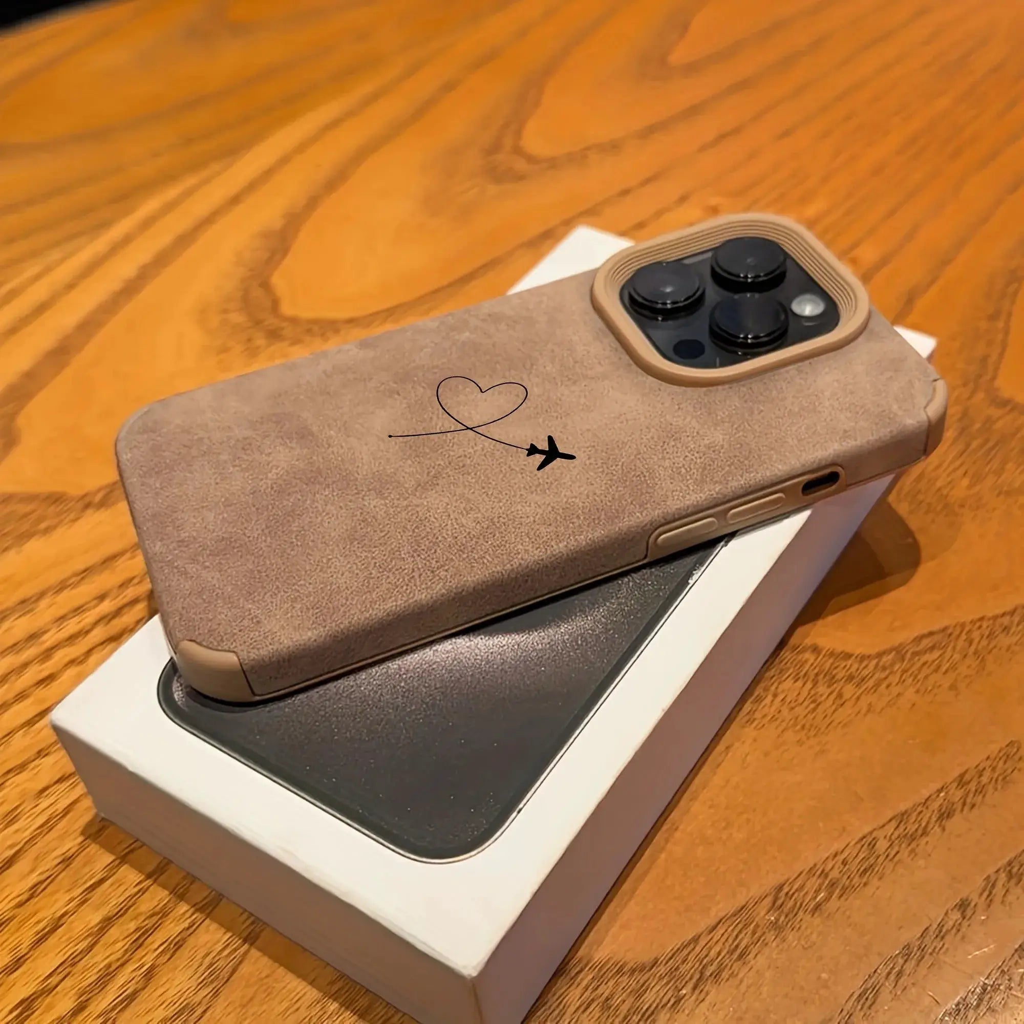 Airplane Route Love Heart Design faux leather tan iPhone case for iPhone 11–17 Pro/Max by Simples Market