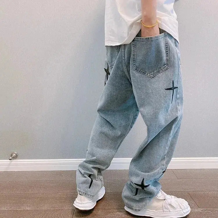 Denim cargo pants, light blue with star prints, loose wide-leg fit, Simples Market