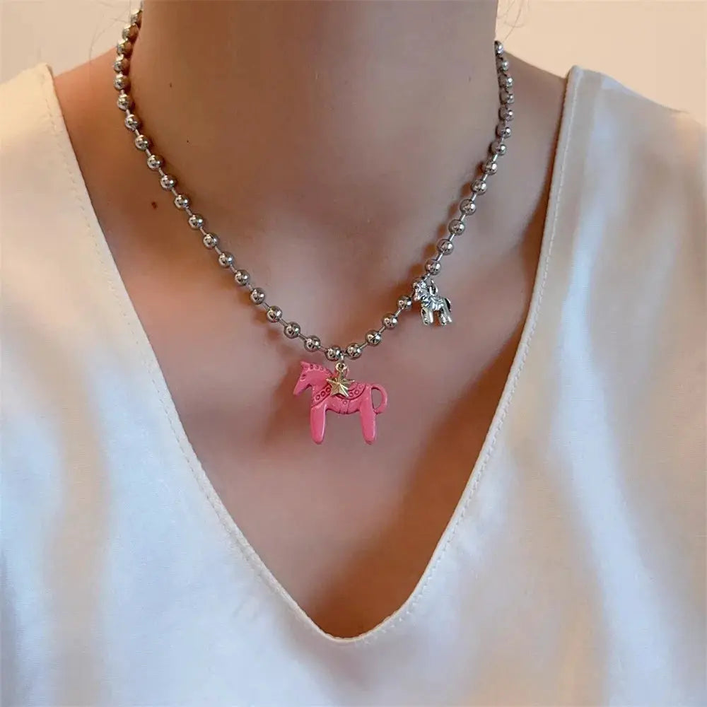 LATS Enamel Colt Horse Pendant Necklace For Women Colorful Silver Plated Alloy Beads Chain Choker