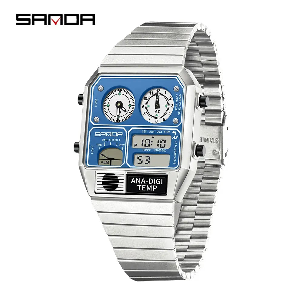 Sanda 3192 Mens Square Digital Analog Watch Waterproof Led Thermometer Stopwatch Sporty Durable Timepiece