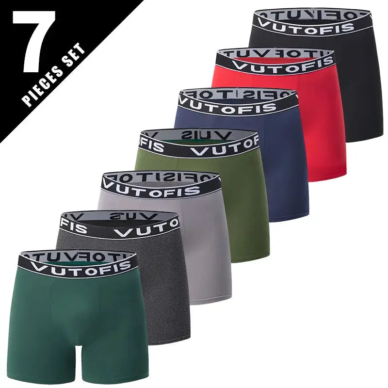 7-piece men's boxer shorts set in assorted colors with VUTOFIS waistband; breathable stretch fabric.