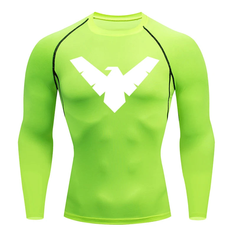 Men's neon green long-sleeve compression athletic shirt with white chest logo