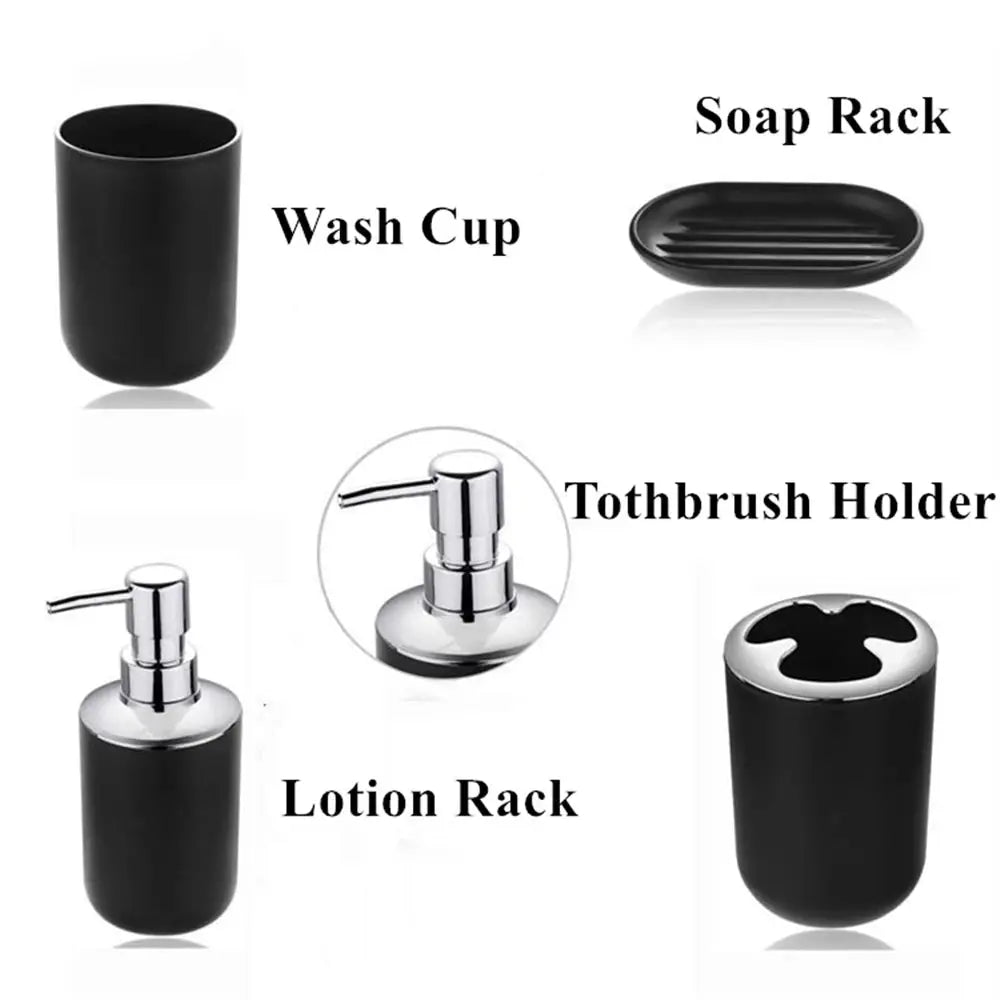 Luxury black bathroom set by Simples Market; 4-piece with soap dispenser, toothbrush holder, wash cup and soap rack