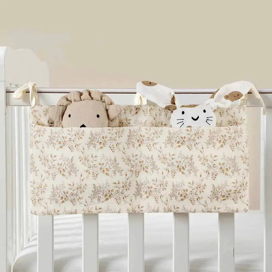 Two Pocket Baby Bedside Hanging Storage Bag Attaches to Crib Stroller Breathable Cotton Organizer for Diapers and Toys